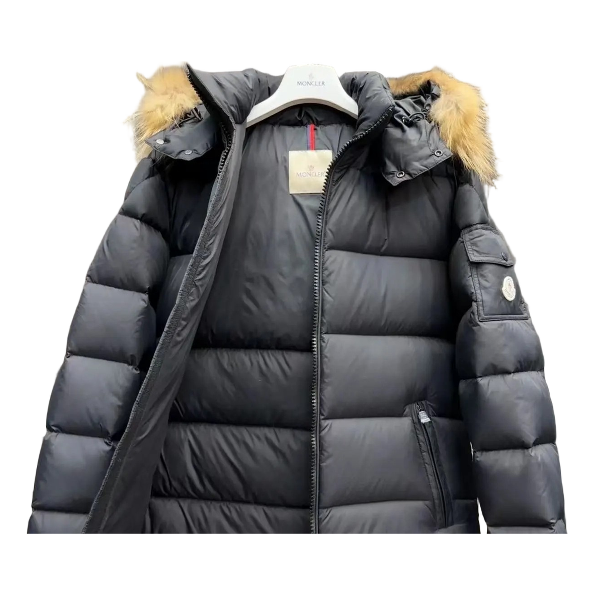 Moncler Fur-Trim Hooded Short Down Puffer Jacket - Black
