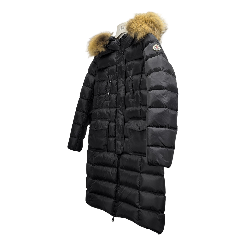 Moncler Four-Pocket Fur-Trim Hooded Long Down Coat - Black