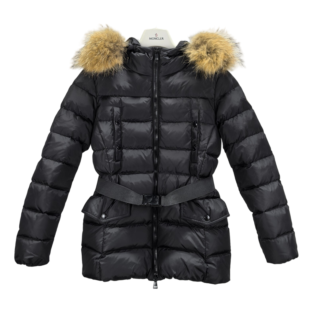 Moncler Belted Fur-Trim Hooded Down Jacket - Black