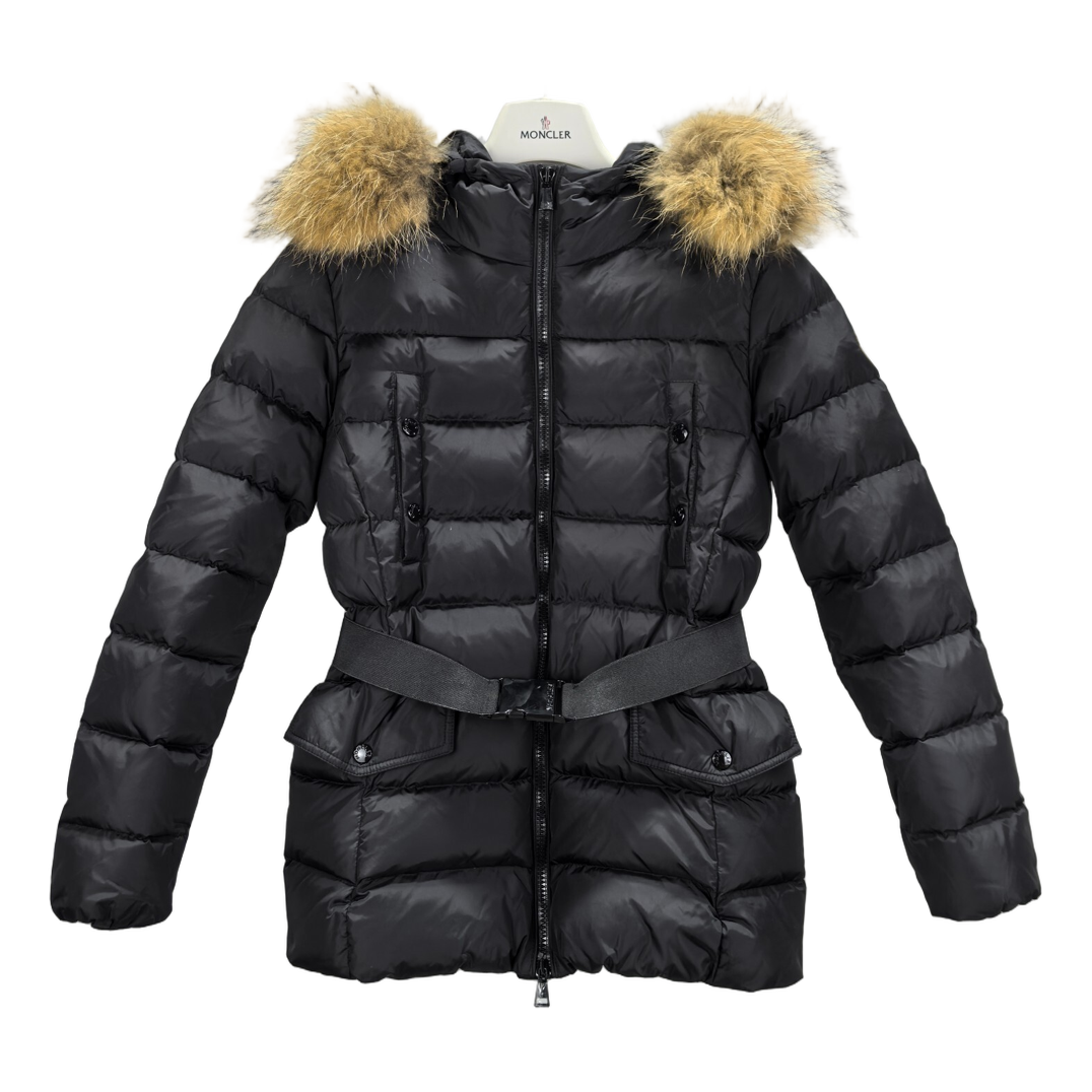 Moncler Belted Fur-Trim Hooded Down Jacket - Black