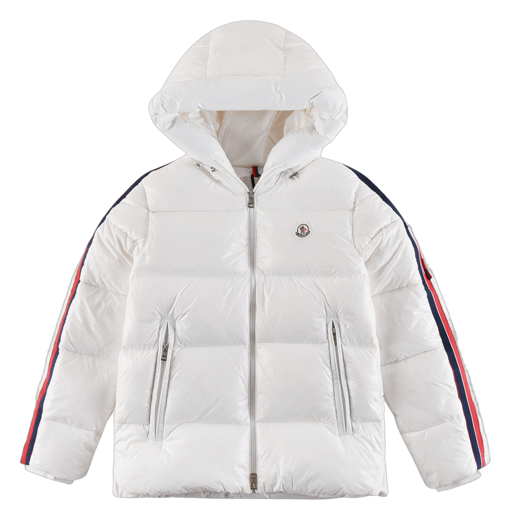 Moncler Tricolour Sleeve-Stripe Hooded Down Puffer Jacket - White