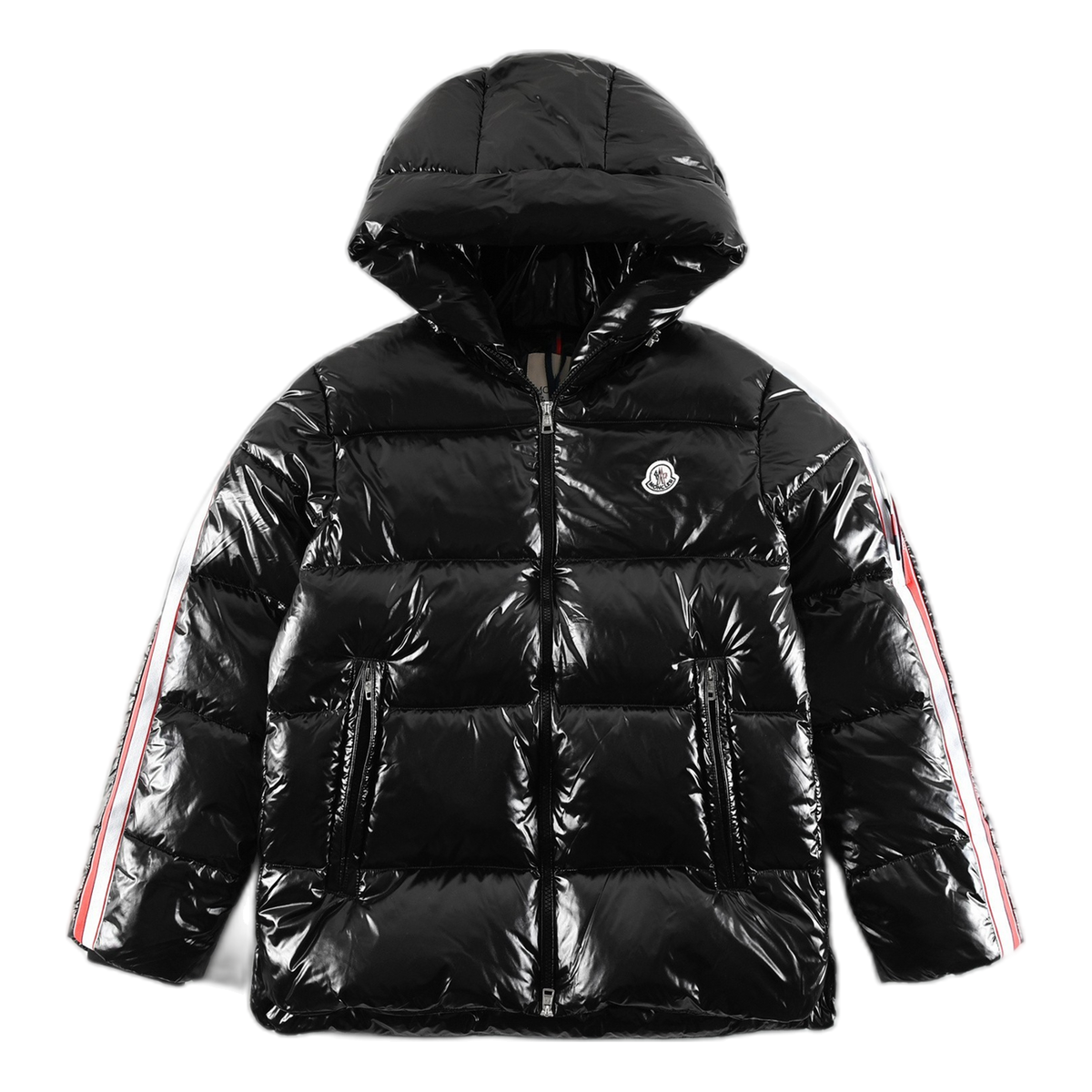 Moncler Glossy Hooded Down Puffer Jacket with Tricolour Sleeve Stripe