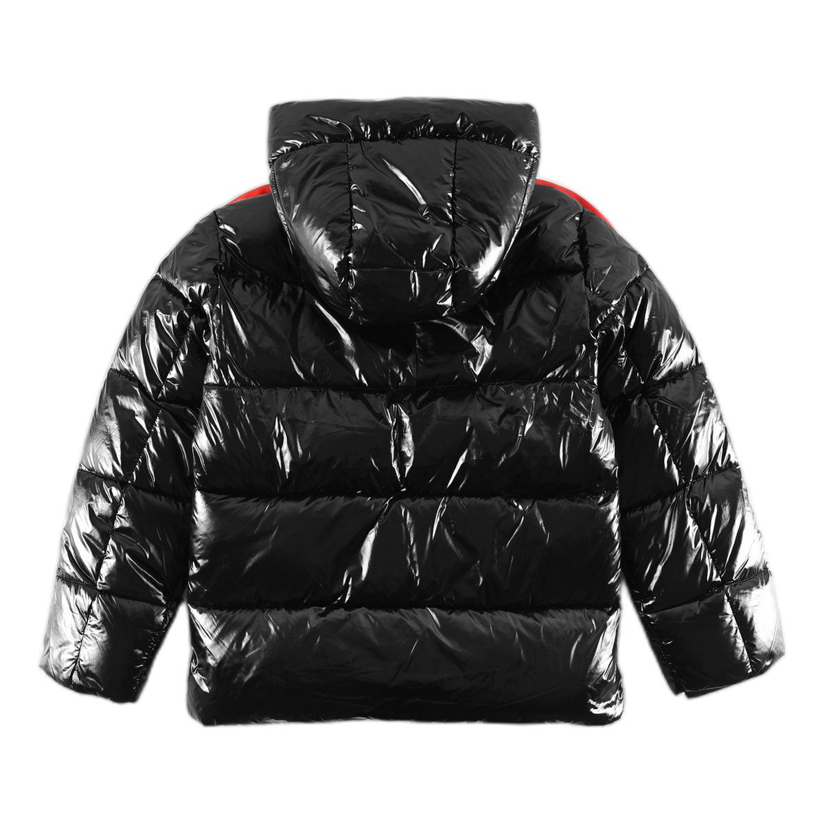 Moncler Glossy Hooded Down Puffer Jacket with Tricolour Sleeve Stripe