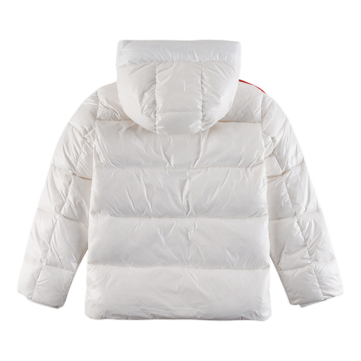 Moncler Glossy Hooded Down Puffer Jacket with Tricolour Sleeve Stripe