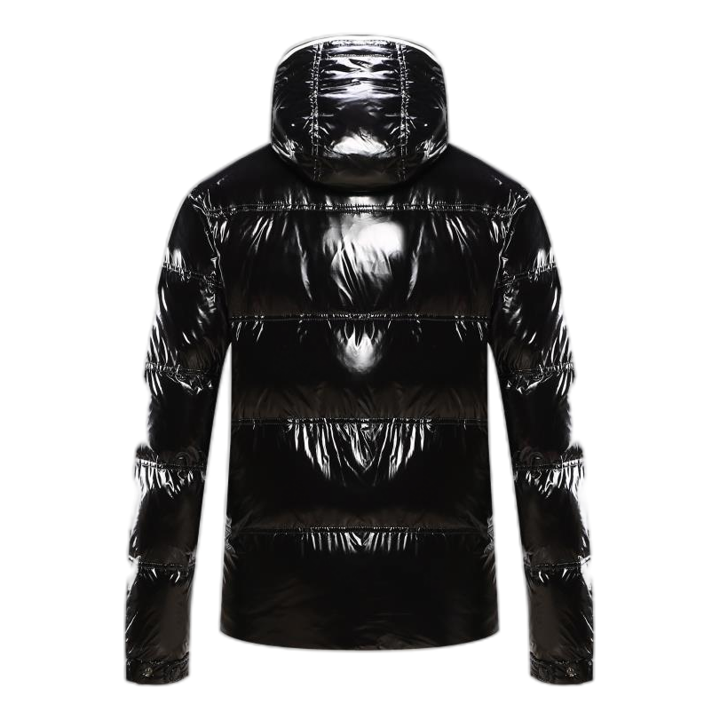 Moncler Contrast-Trim Glossy Hooded Down Jacket