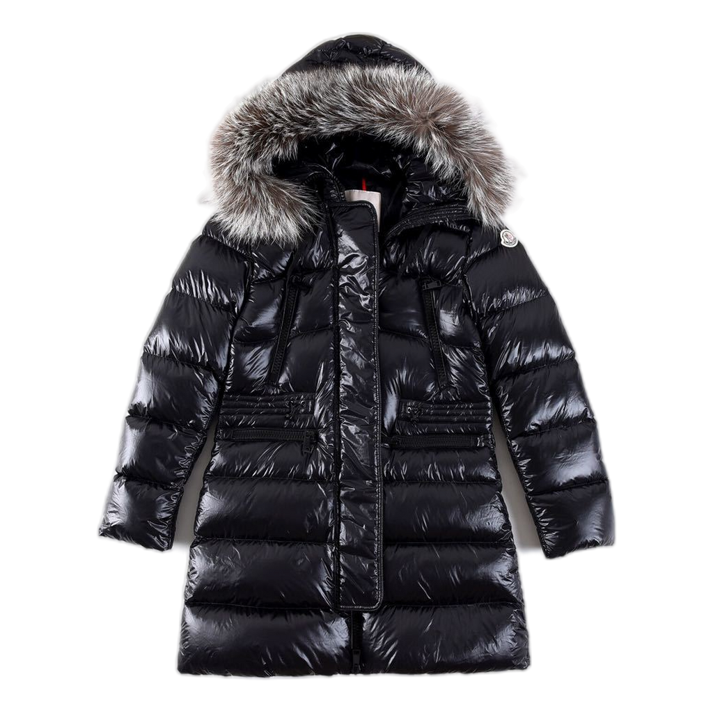 Moncler Fur-Trim Long Down Puffer Jacket with Drawstring Waist