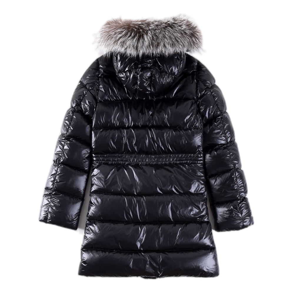 Moncler Fur-Trim Long Down Puffer Jacket with Drawstring Waist