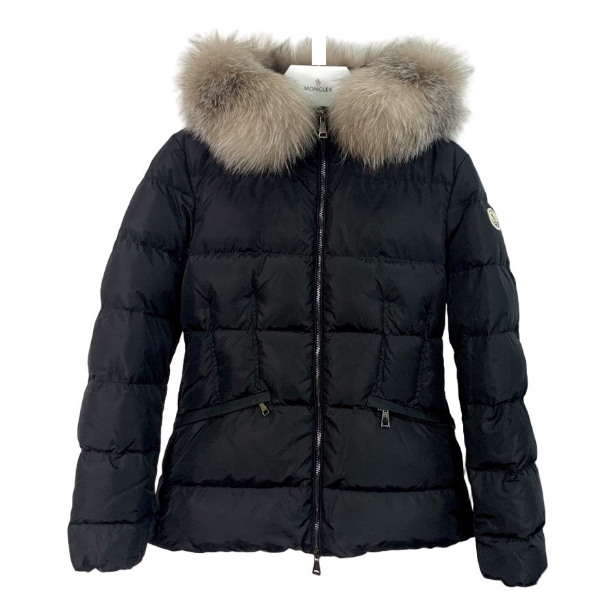 Moncler Cinched-Waist Fur-Trim Hooded Down Jacket - Black