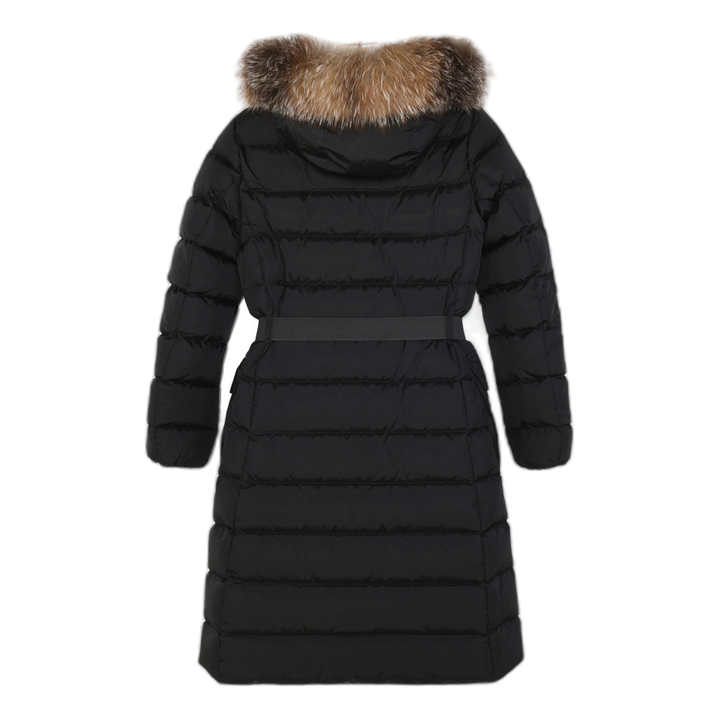 Moncler Khloe Belted Fur-Trim Hooded Long Down Coat - Black