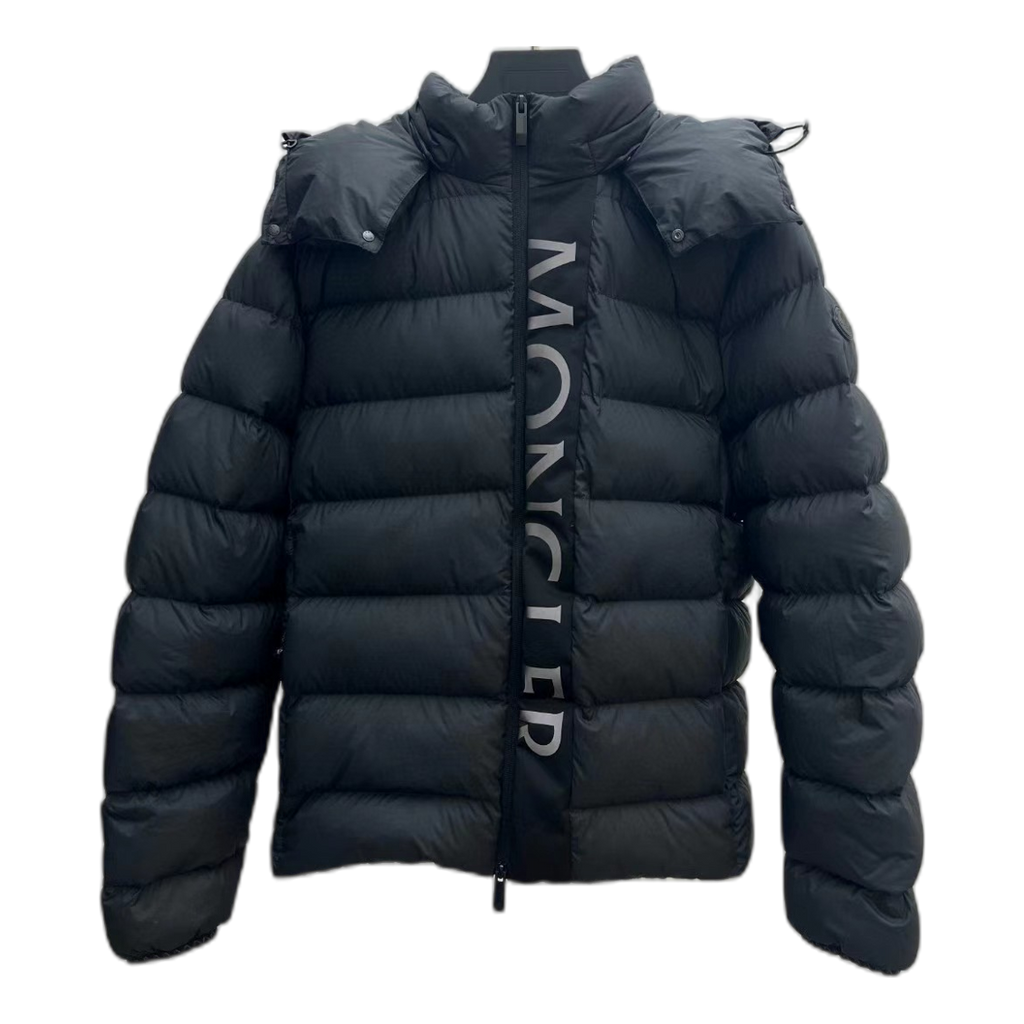 Moncler Vertical-Logo Down Puffer Jacket with Snap Front - Black