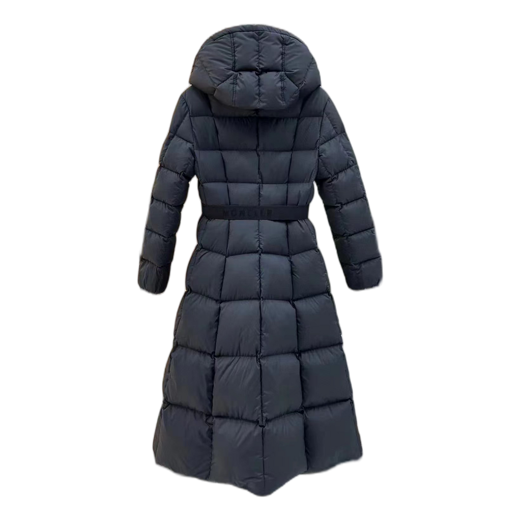 Moncler Fitted Long Down Coat with Drawstring Hood - Black
