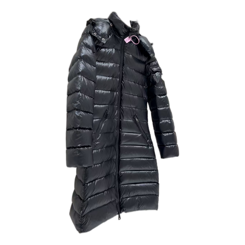 Moncler Narrow-Quilt Fur-Trim Hooded Long Down Coat - Black