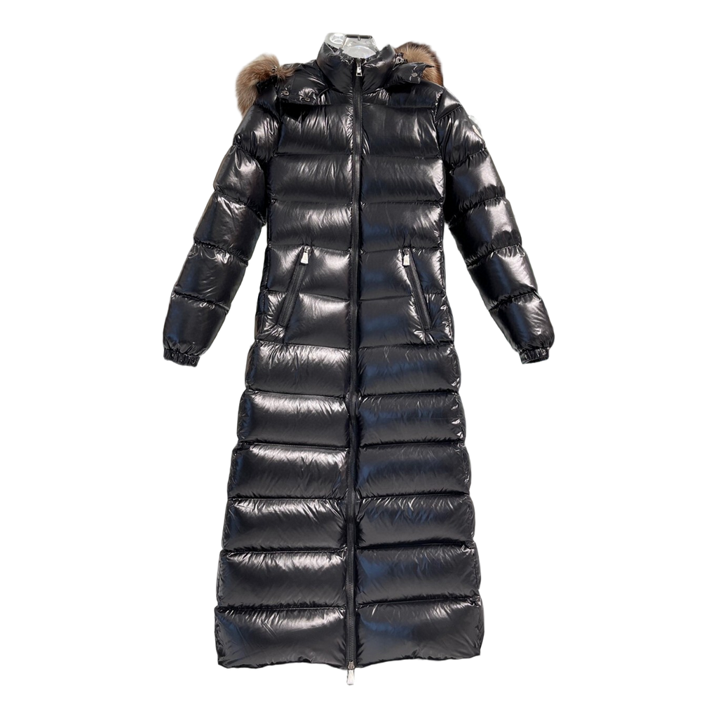 Moncler Glossy Fur-Trim Hooded Long Down Coat