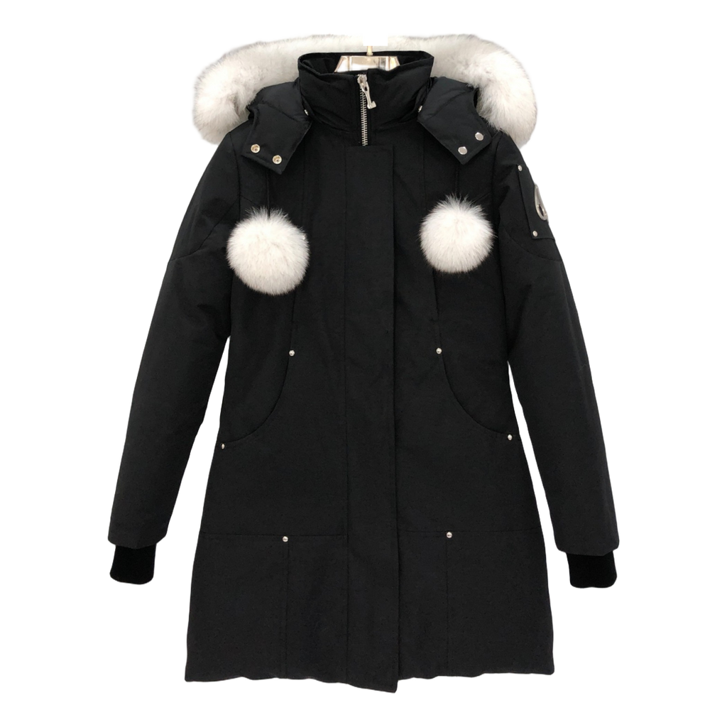 Moose Knuckles Stirling Down Parka with White Fur Trim & Pom-Pom