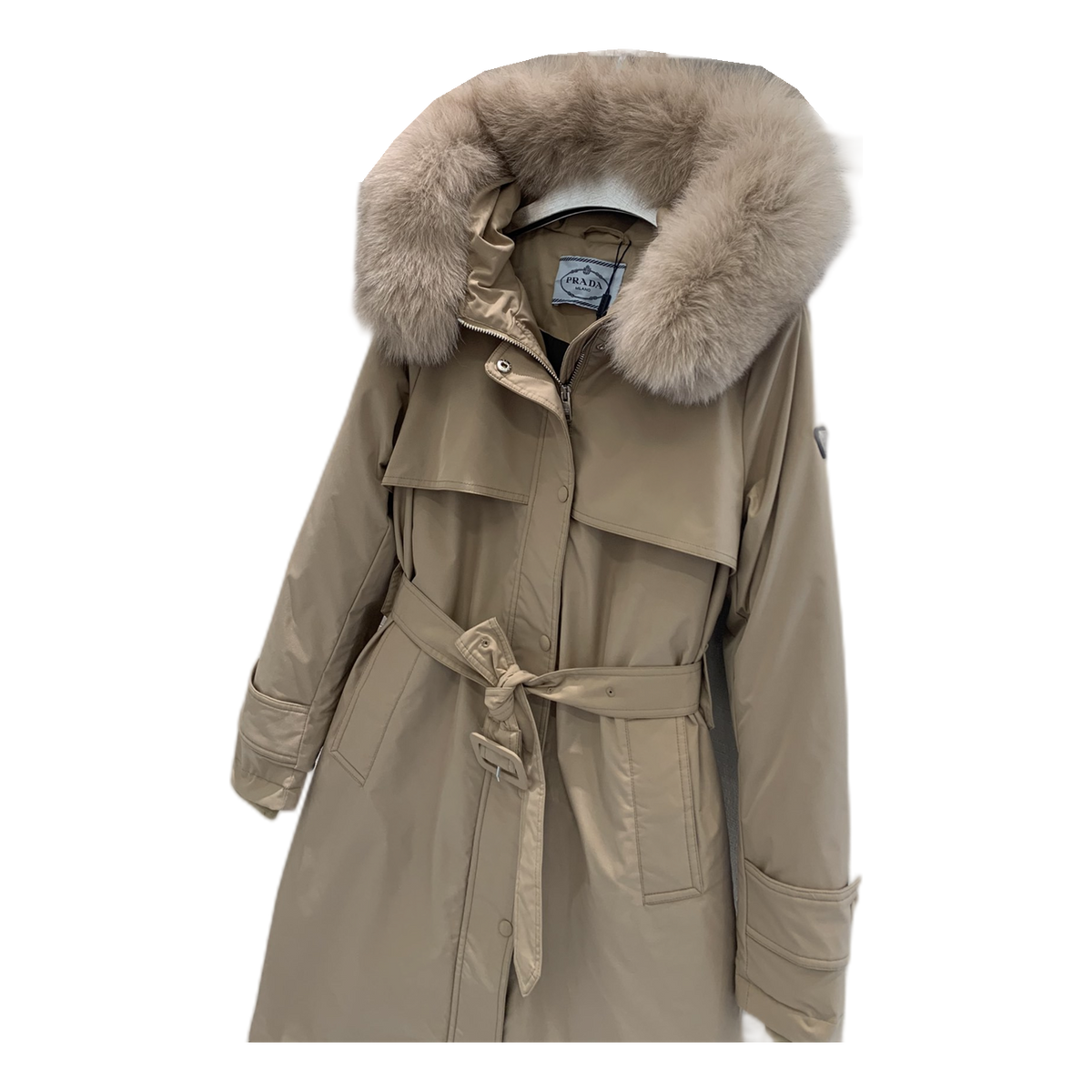 Prada Belted Faux Fur-Trim Hooded Coat - Beige