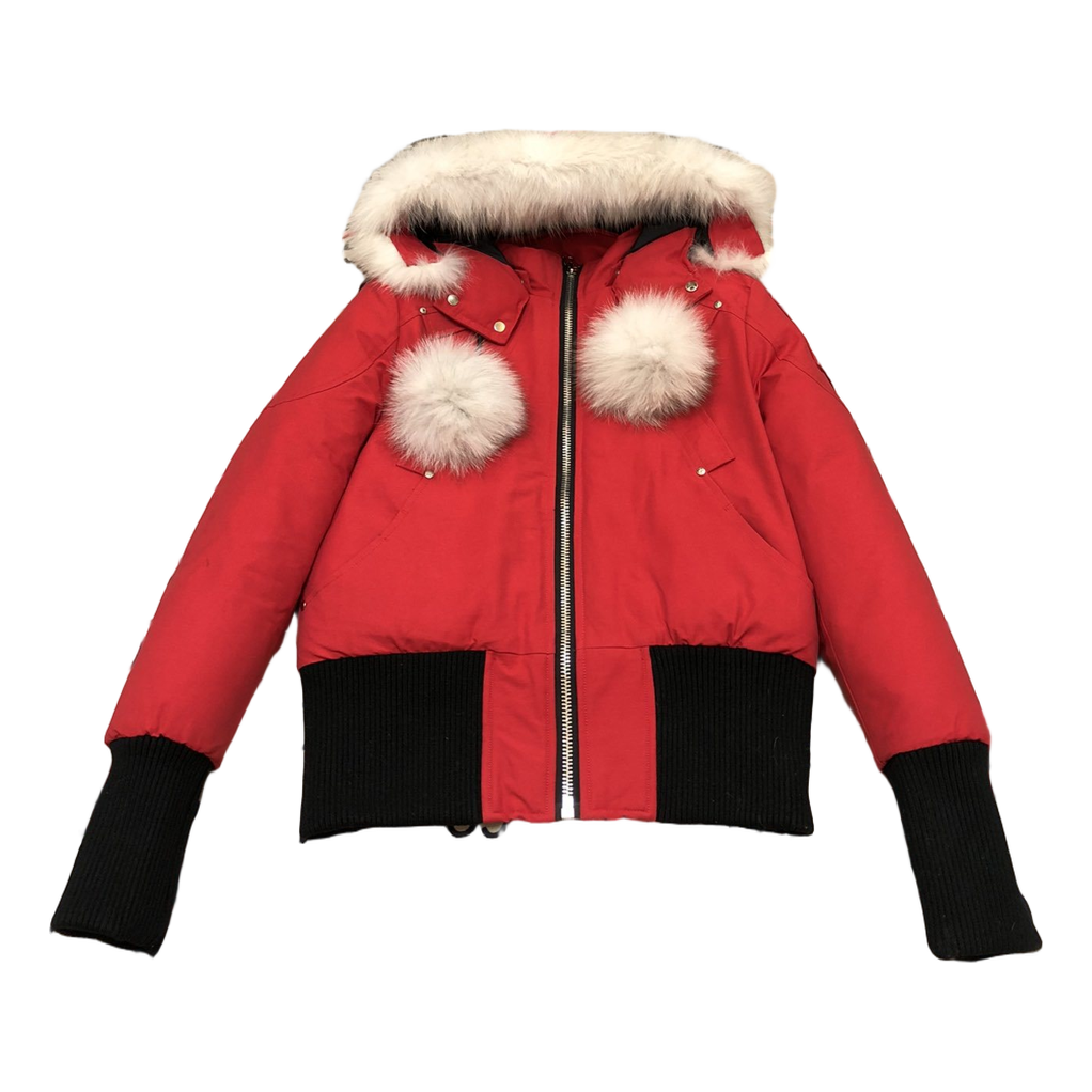 Moose Knuckles Debbie Pom-Pom Hooded Down Bomber Jacket - Red
