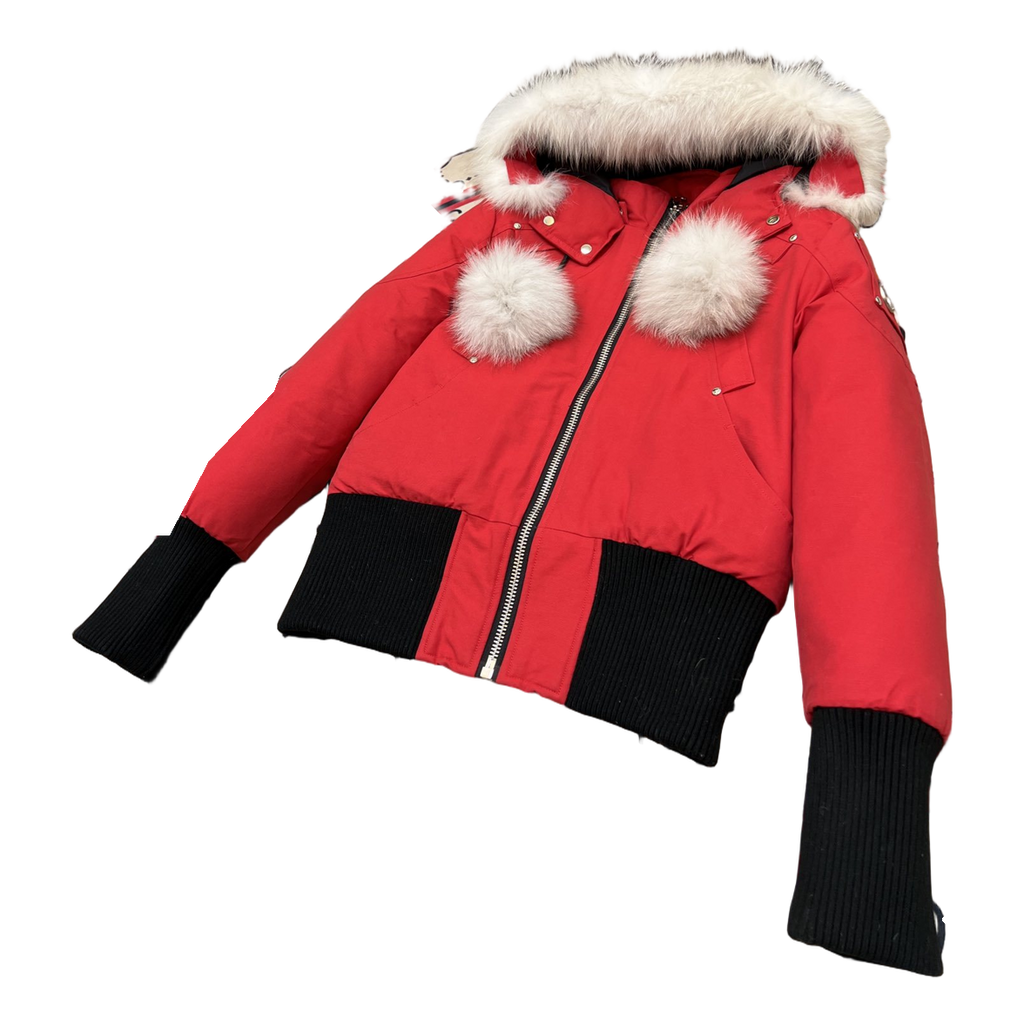 Moose Knuckles Debbie Pom-Pom Hooded Down Bomber Jacket - Red