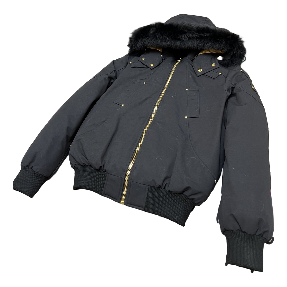 Moose Knuckles Gold Ballistic Fur-Trim Down Bomber Jacket - Black