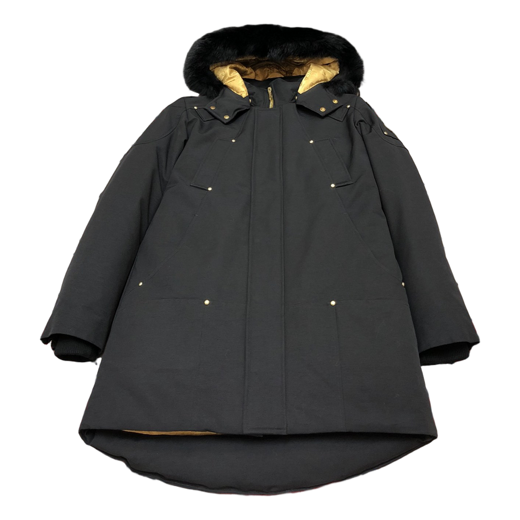 Moose Knuckles Fur-Trim Long Down Parka with Gold Lining - Black