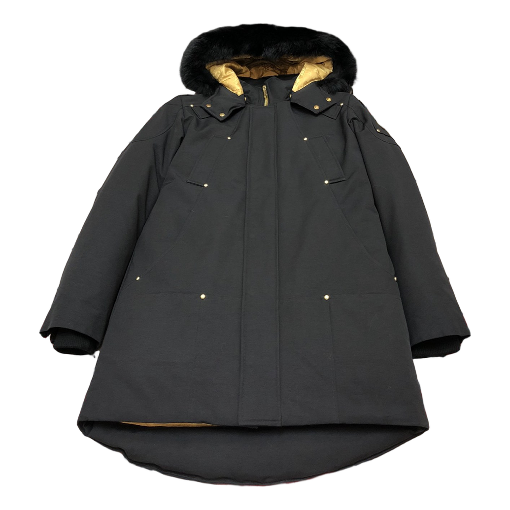 Moose Knuckles Fur-Trim Long Down Parka with Gold Lining - Black