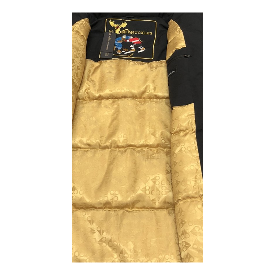 Moose Knuckles Fur-Trim Long Down Parka with Gold Lining - Black