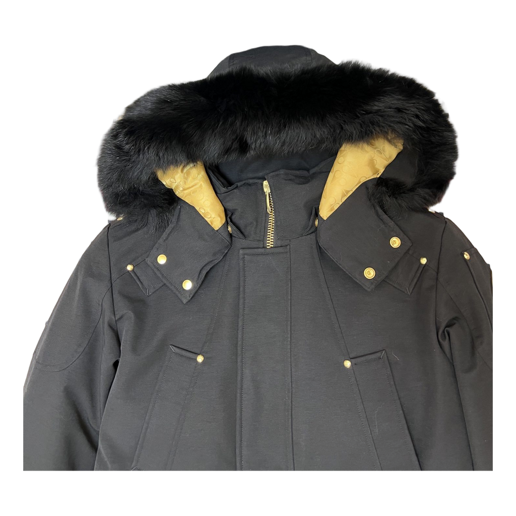 Moose Knuckles Fur-Trim Long Down Parka with Gold Lining - Black