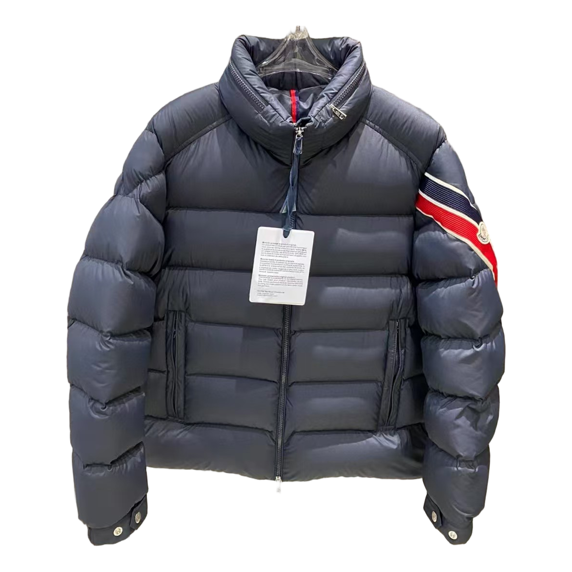 Moncler Tricolour Sleeve-Band Stand-Collar Down Puffer Jacket - Navy