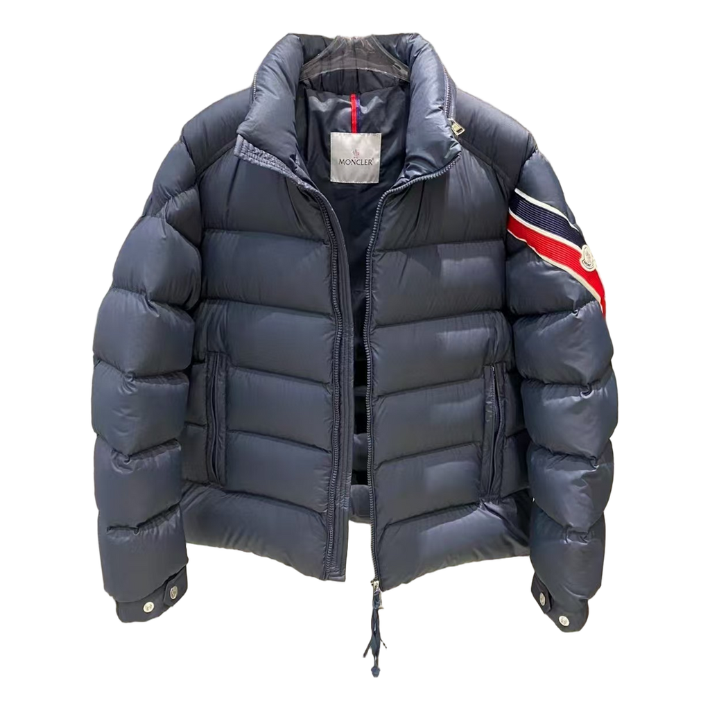 Moncler Tricolour Sleeve-Band Stand-Collar Down Puffer Jacket - Navy